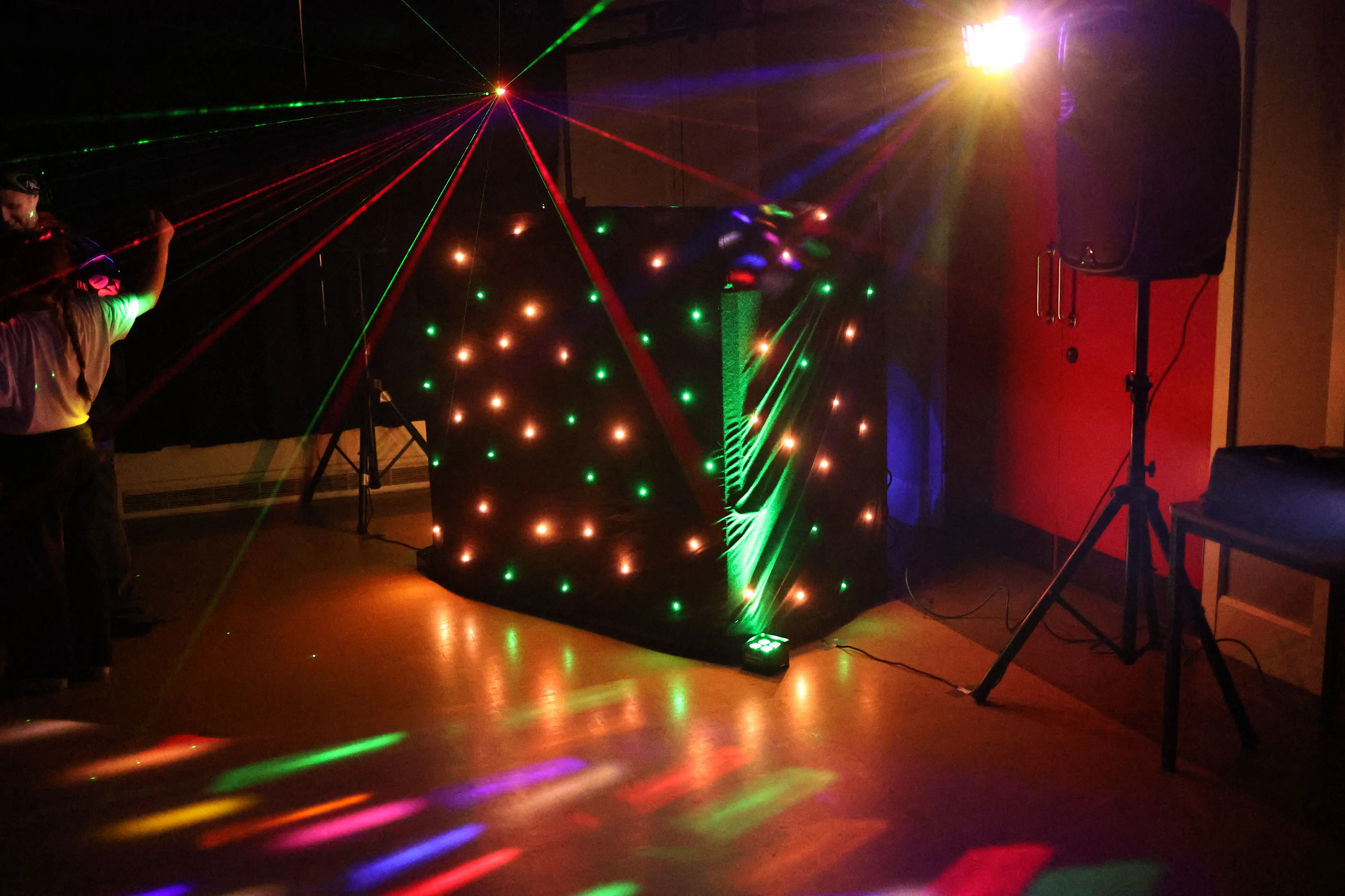 dj booth in a purple phase of its dancing